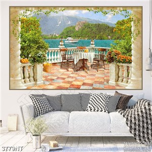 Tranh ban công lãng mạm trên bờ biển xanh