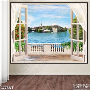 Tranh cánh cửa trắng nhìn ra biển xanh 3d