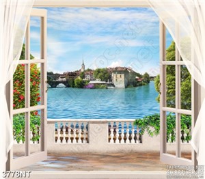 Tranh cánh cổng treo đèn lồng ngoài thành phố