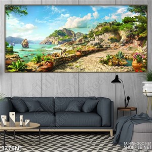 Tranh con đường dẫn lên ngọn đồi bên bờ biển