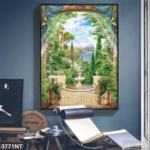 Tranh cánh cổng có tấm rèm xanh trông rừng