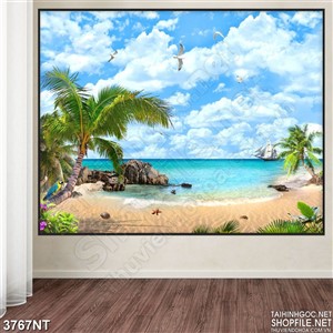 Tranh biển xanh cát vàng và đàn hải âu trên trời