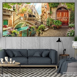 Tranh cây cầu nhỏ nối liền hai khu phố in uv