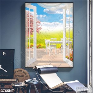 Tranh đồng cỏ và hoa anh đào ngoài cửa sổ