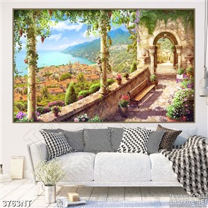 Tranh công trình cổ phủ đầy hoa trên ngọn đồi