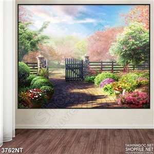 Tranh cánh cổng ra vào khu vườn hoa tươi