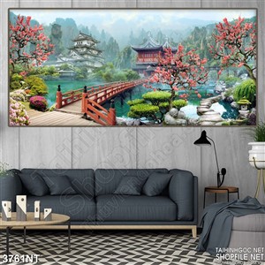 Tranh cây cầu trên sông nối liên ngôi chùa nhỏ
