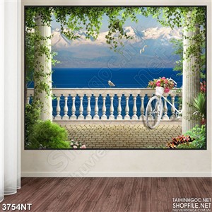 Tranh chiếc xe đạp chở đầy hoa trên chiếc cầu