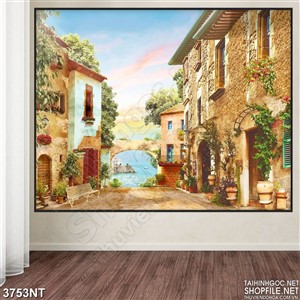 Tranh những dãy nhà gác mái trên bờ sông