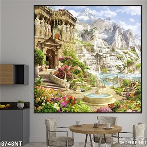 Tranh tòa lâu đài nằm bên những ngọn núi cao