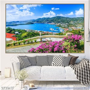 Tranh bụi cây hoa giấy bên thành phố biển