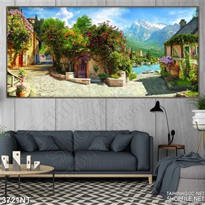 Tranh ngôi nhà phủ đầy hoa lá giữa làng