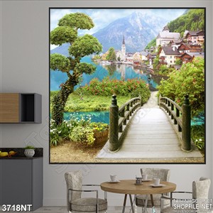 Tranh cây cầu dẫn vào thành phố trên sông