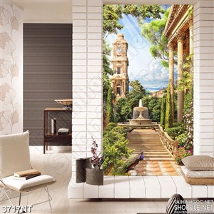 Tranh ánh nắng chiếu xuống tháp cổ trong rừng