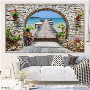 Tranh cây cầu gỗ dẫn ra biển từ cánh cổng