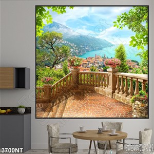 Tranh từ ban công trên đỉnh núi nhìn xuống biển