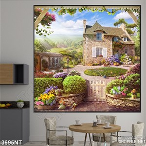 Tranh rừng cây xanh bao quanh ngôi nhà lớn