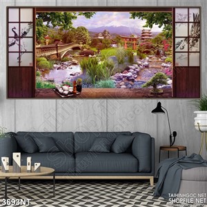 Tranh khe suối với cây cầu trong rừng