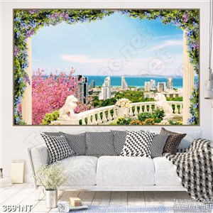 Tranh cánh cổng hoa nhìn ra biển và thành phố