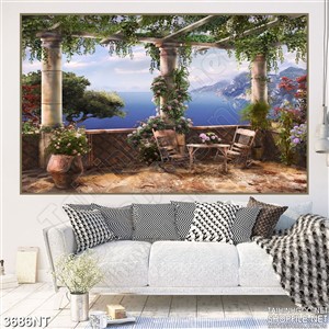 Tranh dàn hoa xanh lá trên đỉnh đồi nhìn ra biển