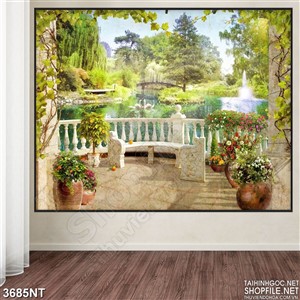 Tranh ban công đầy hoa trước mặt hồ nước