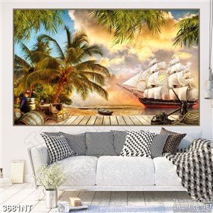 Tranh con thuyền căng buồm ngoài khơi xa