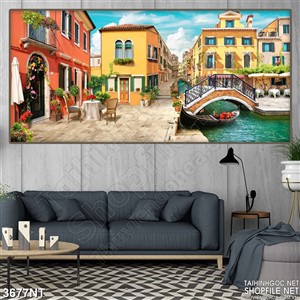 Tranh những ngôi nhà gác mái trên bờ sông