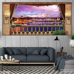 Tranh ban công nhìn ra thành phố trong đêm