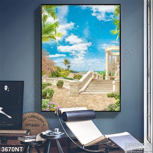 Tranh bầu trời xanh trên tán lá dừa xanh