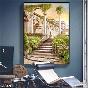 Tranh công trình kiến trúc cổ phủ đầy cây xanh