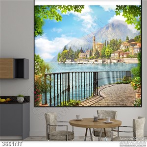 Tranh thành phố bên hồ dưới chân núi 3d