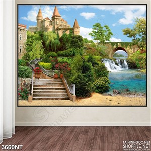 Tranh tòa lâu đài bên đập nước