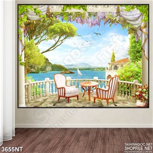 Tranh mái đình phủ đầy cây xanh trên ngọn đồi