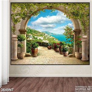 Tranh cánh cổng phủ đầy lá xanh nìn ra biển