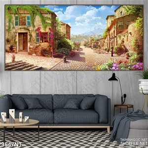 Tranh khu phố cổ vắng người in uv