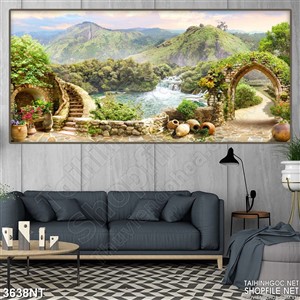 Tranh khu vườn cây xanh bao quanh hồ