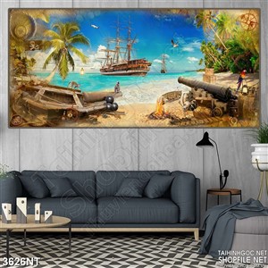 Tranh con tàu lớn trên bờ biển xanh thẳm