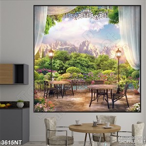 Tranh  khu rừng phía sau bức rèm trắng trên cửa