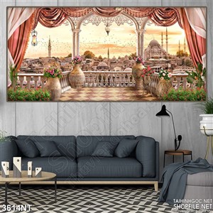 Tranh tòa lâu đài nhìn ra thành phố in uv