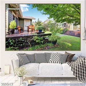 Tranh ngôi nhà giữa vườn cỏ xanh in uv