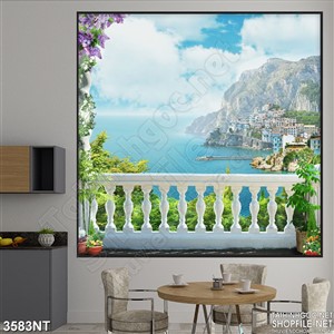 Tranh ban công nhìn ra ngọn núi cao bên biển