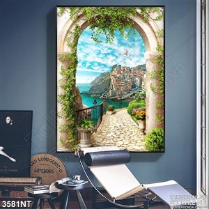 Tranh cánh cổng nhìn ra thành phố biển xanh