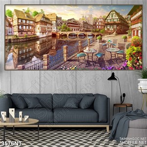 Tranh nơi ngắm nhìn cây cầu trên sông dài