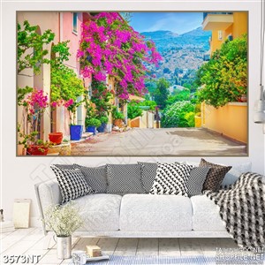 Tranh thành phố với những ngôi nhà hoa giấy