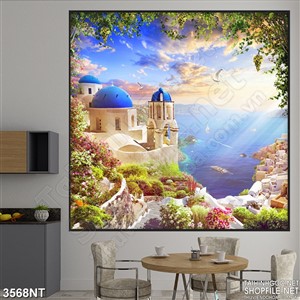 Tranh khu nhà mái xanh trên đồi cao