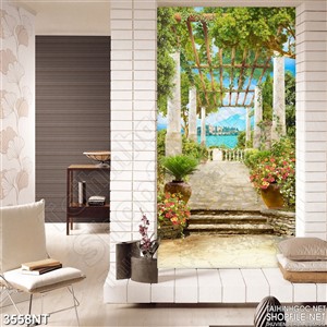 Tranh những cây cột phủ đầy lá xanh trên biển