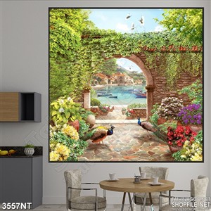 Tranh bức tường phủ đầy lá xanh 3d