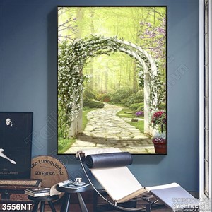 Tranh vòm cây hoa trắng trong rừng mờ sương