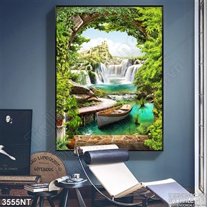 Tranh những con thác sau những tán cây xanh