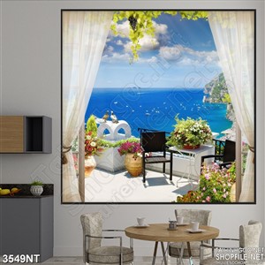 Tranh khung trời biển xanh sau tấm rèm trắng